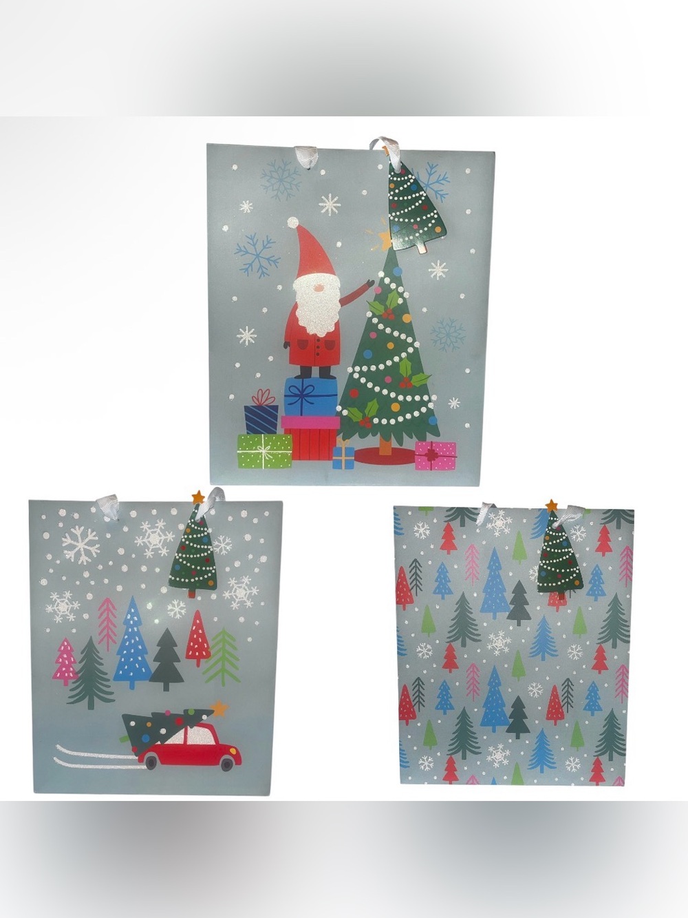 Holiday Gift Bags with Santa & Tree - Blue and Green 3 Pc Set - Picture 11 of 16